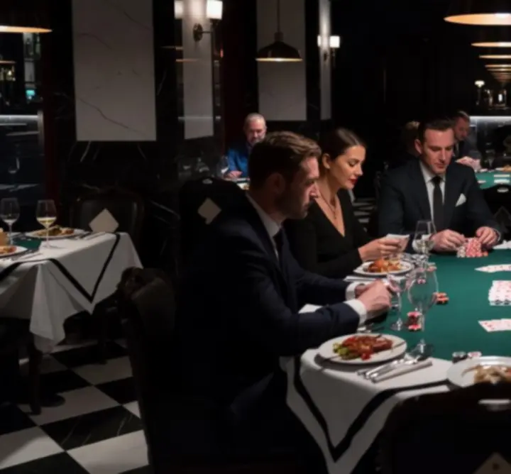 Atmoszférikus esti pókerasztal a Magyar City Bistro elegáns bistro enteriőrjében.